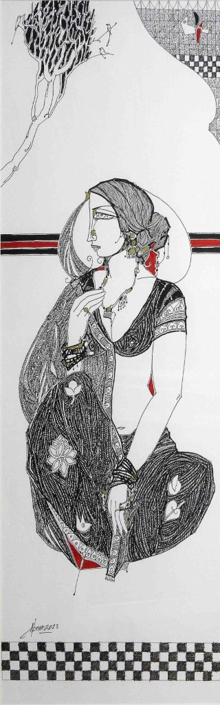 Abrar Ahmed, Pen & ink on paper, 11 × 30 (OGK1200)