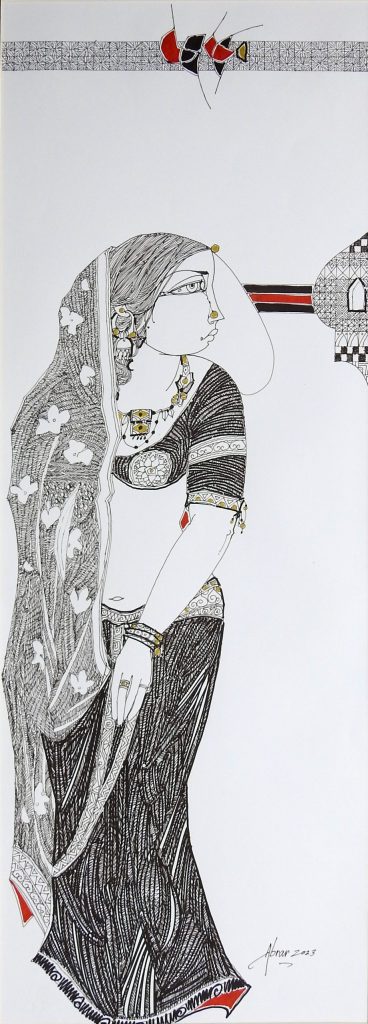Abrar Ahmed, Pen & ink on paper, 11 × 30 (OGK1257)