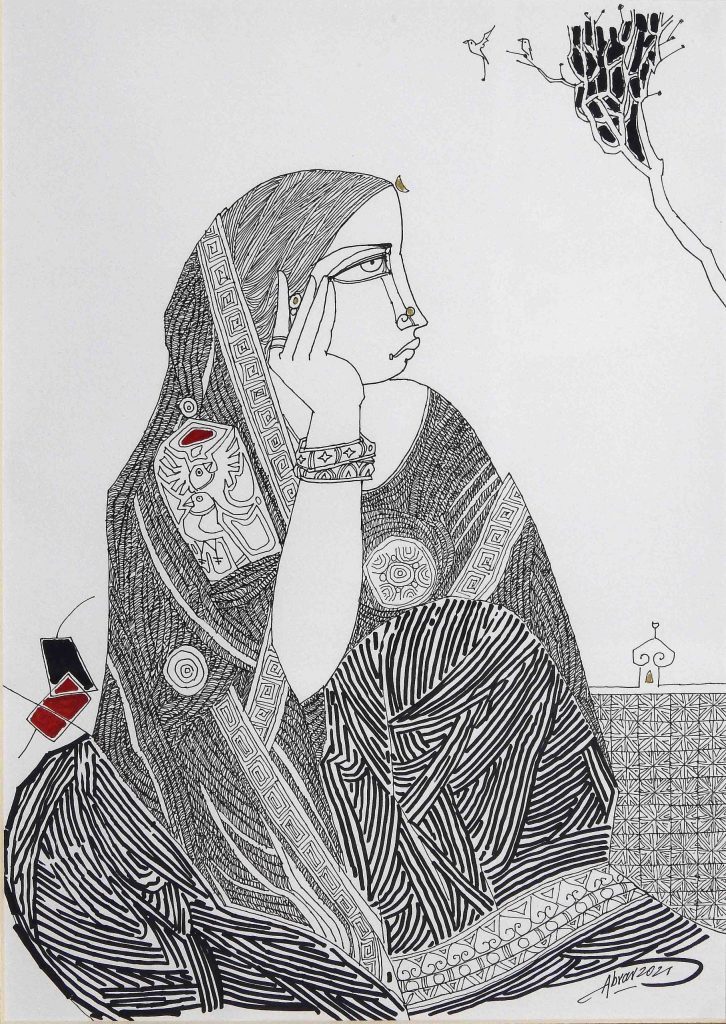 Abrar Ahmed, Pen ink on paper, 17 × 12 (OGK860)
