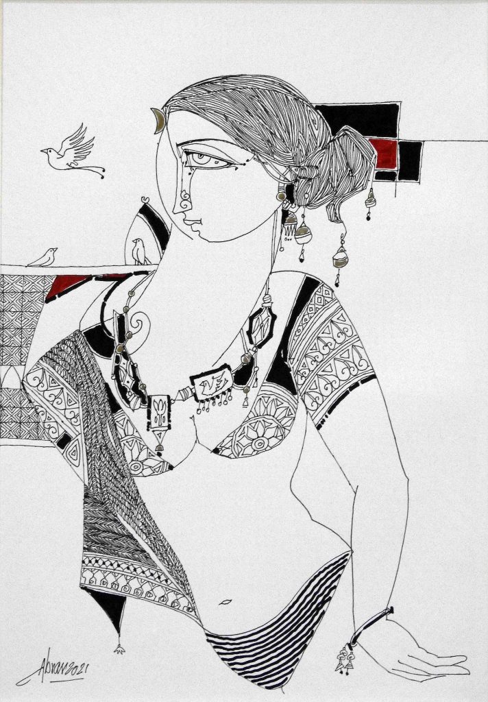 Abrar Ahmed, Pen ink on paper, 17 × 12 (OGK861)