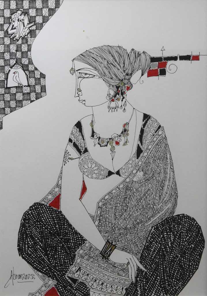 Abrar Ahmed, Pen ink on paper, 17 × 12 (OGK884)
