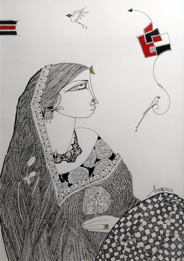 Abrar Ahmed, Pen ink on paper, 17 × 12 (OGK885)