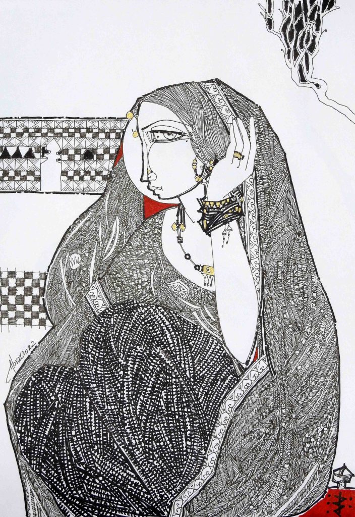 Abrar Ahmed, Pen ink on paper, 17 × 12 (OGK930)